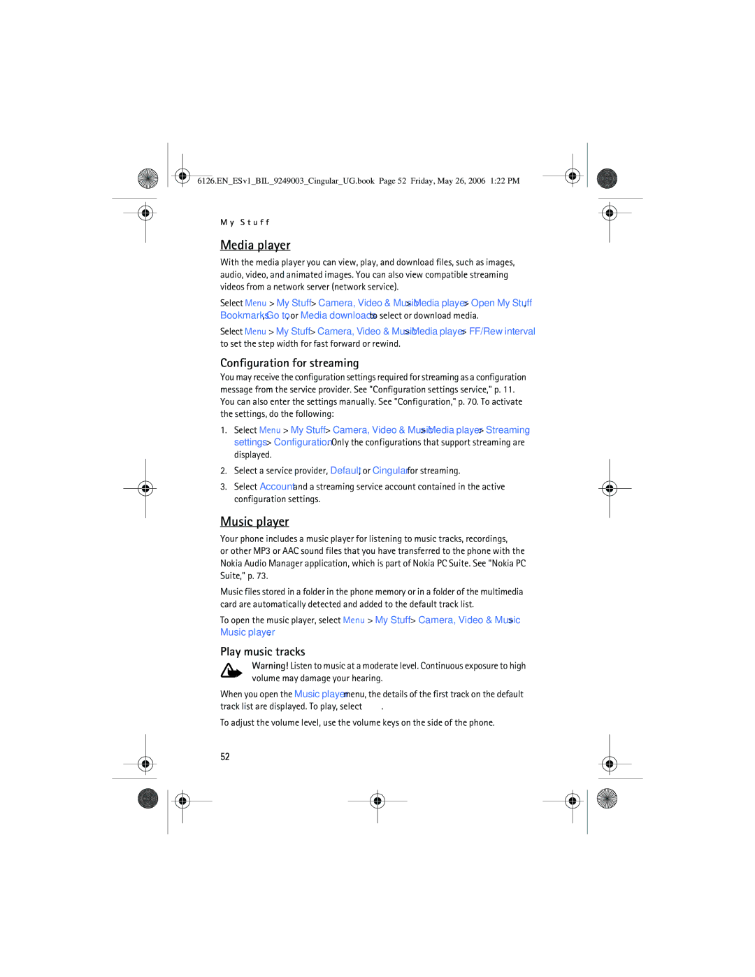 Nokia 6126 manual Media player, Music player, Configuration for streaming, Play music tracks 