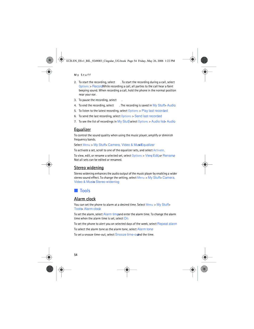 Nokia 6126 manual Tools, Stereo widening, Alarm clock, Select Menu My Stuff Camera, Video & Music Equalizer 