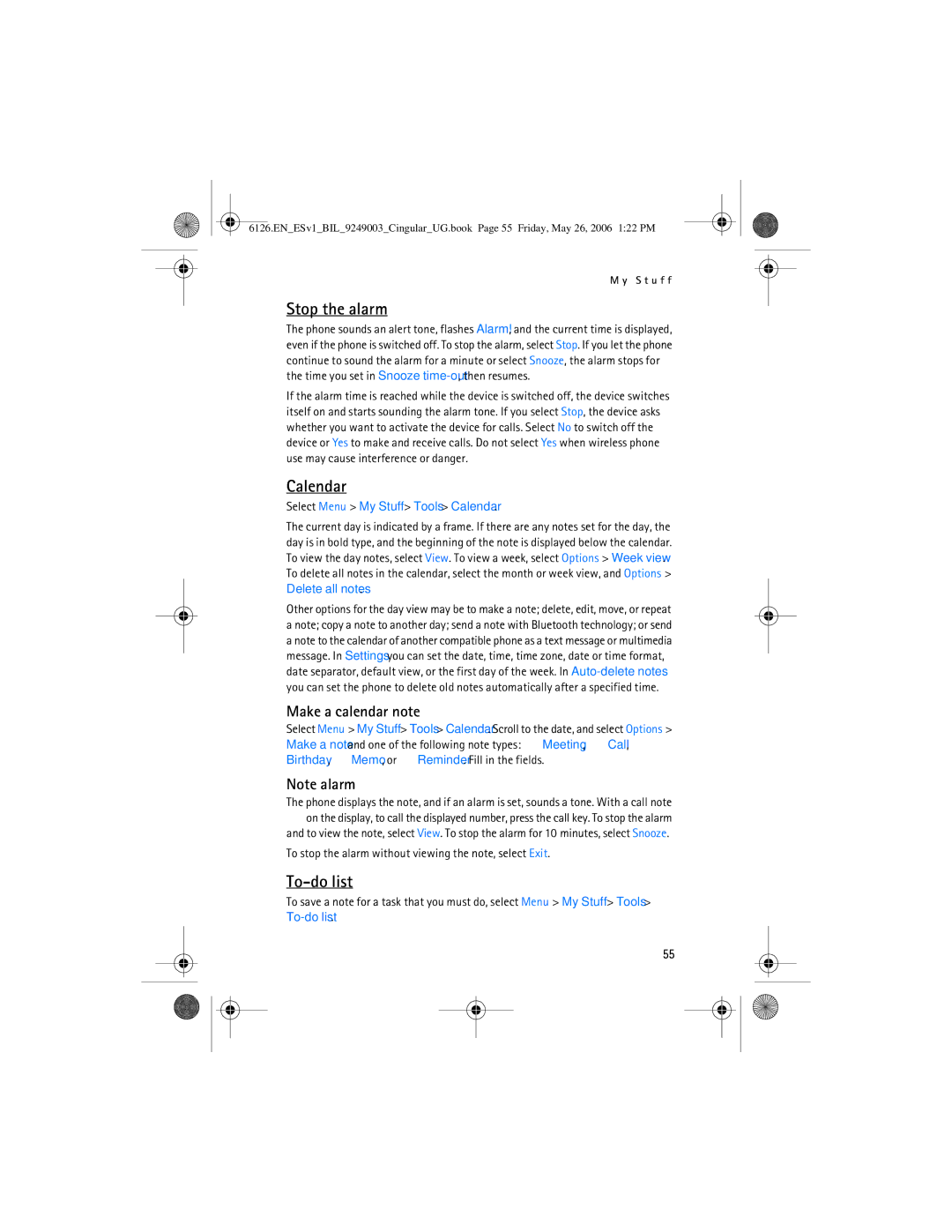 Nokia 6126 manual Stop the alarm, To-do list, Make a calendar note, Select Menu My Stuff Tools Calendar 