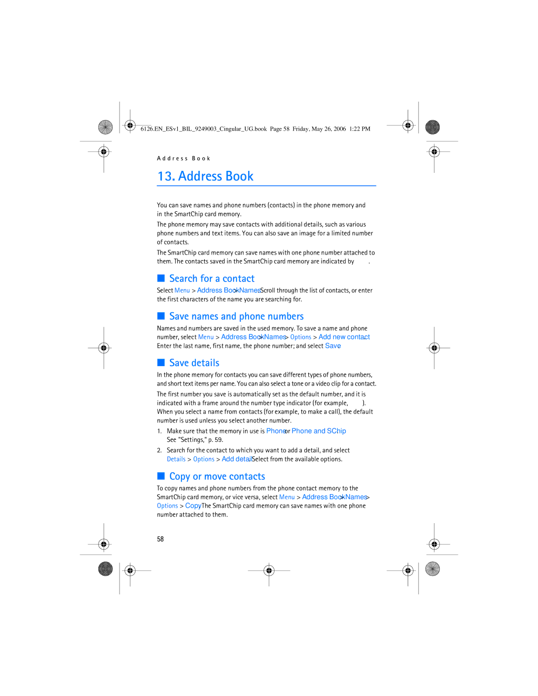 Nokia 6126 manual Address Book, Search for a contact, Save names and phone numbers, Save details, Copy or move contacts 