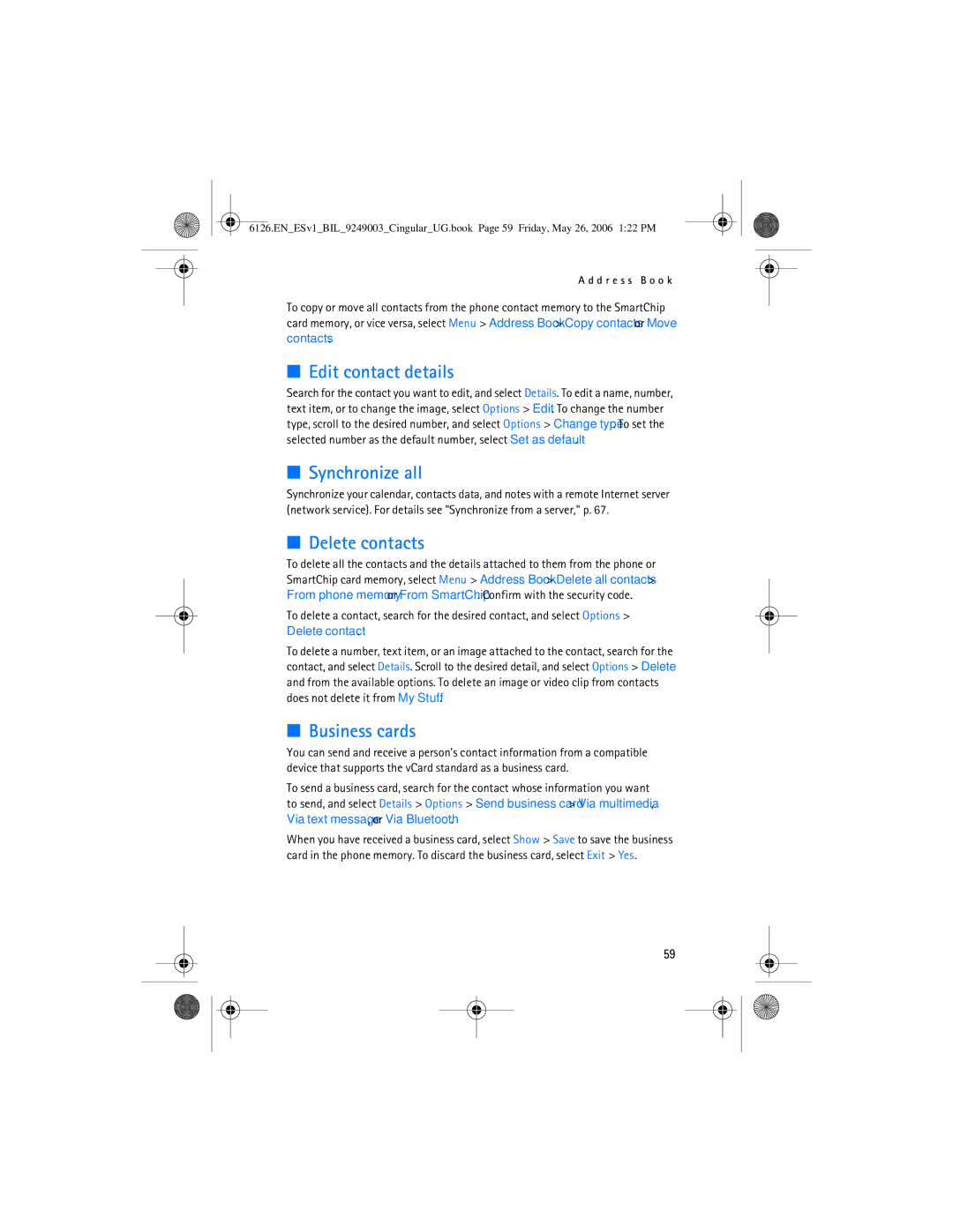 Nokia 6126 manual Edit contact details, Synchronize all, Delete contacts, Business cards 