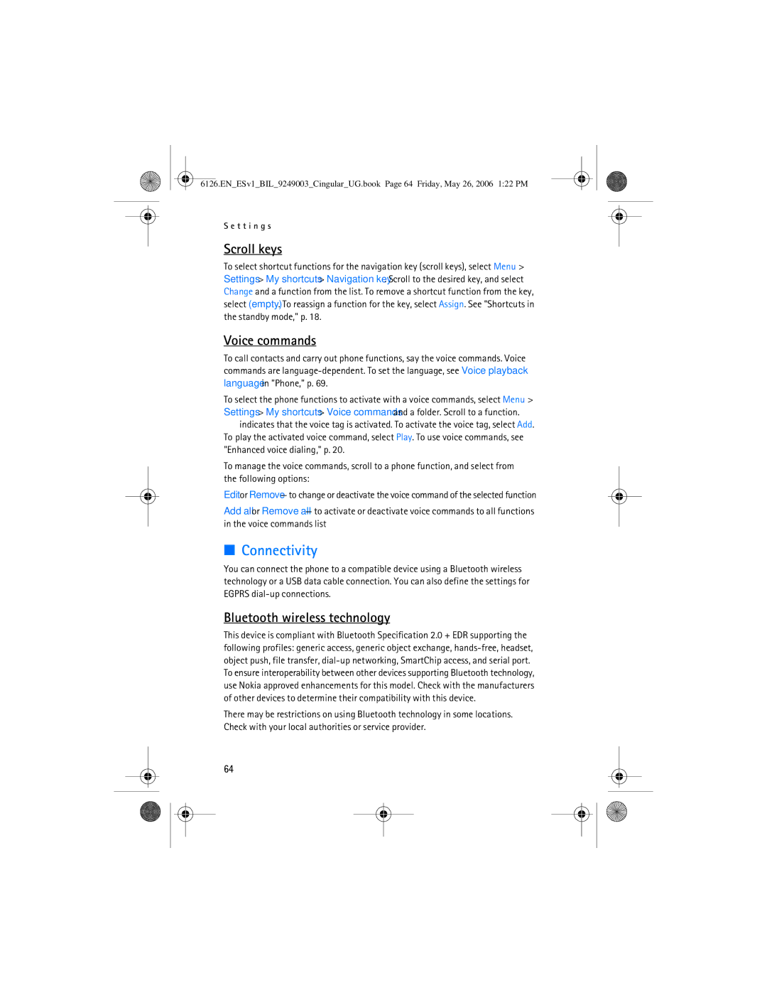 Nokia 6126 manual Connectivity, Scroll keys, Voice commands, Bluetooth wireless technology 