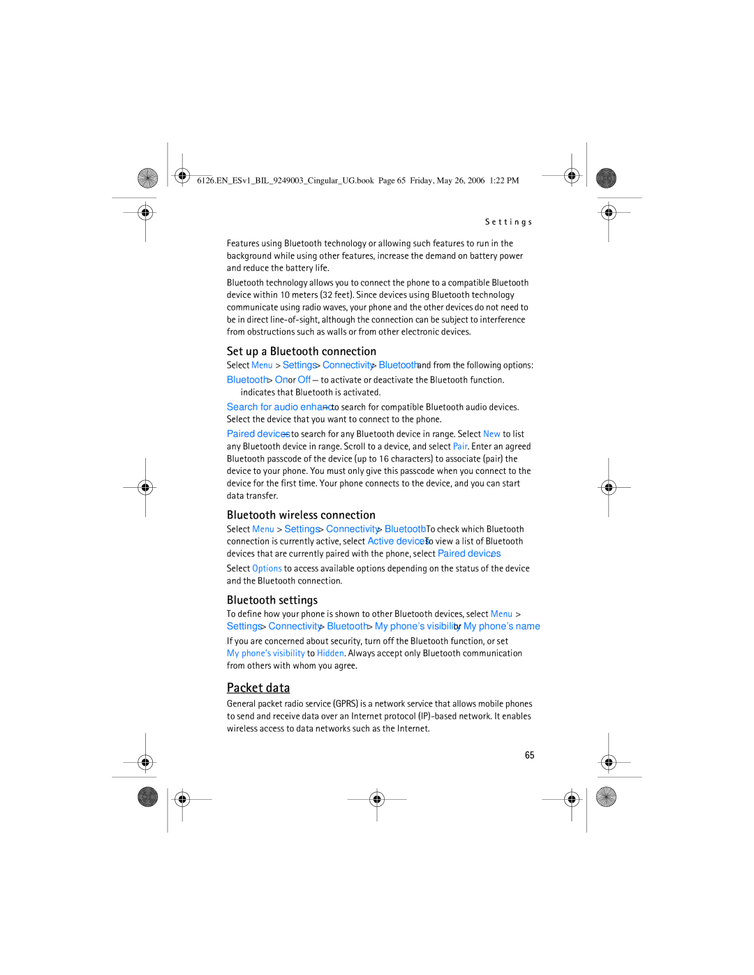 Nokia 6126 manual Packet data, Set up a Bluetooth connection, Bluetooth wireless connection, Bluetooth settings 