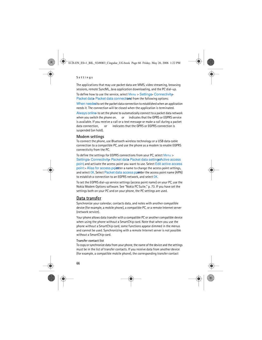 Nokia 6126 manual Data transfer, Modem settings 