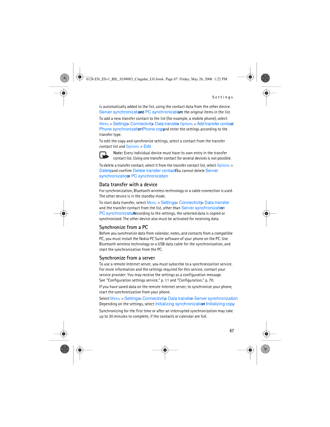 Nokia 6126 manual Data transfer with a device, Synchronize from a PC, Synchronize from a server 