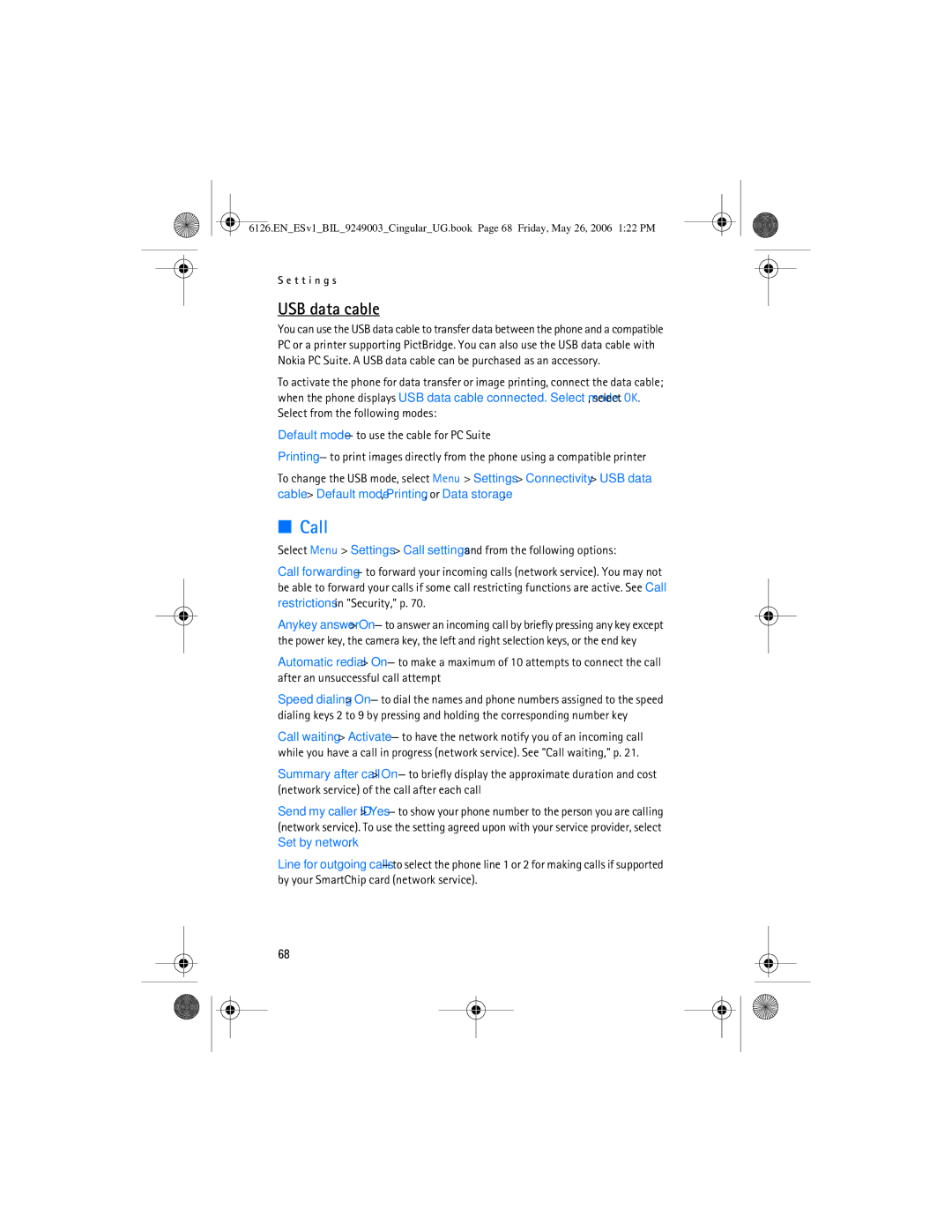 Nokia 6126 manual Call, USB data cable 