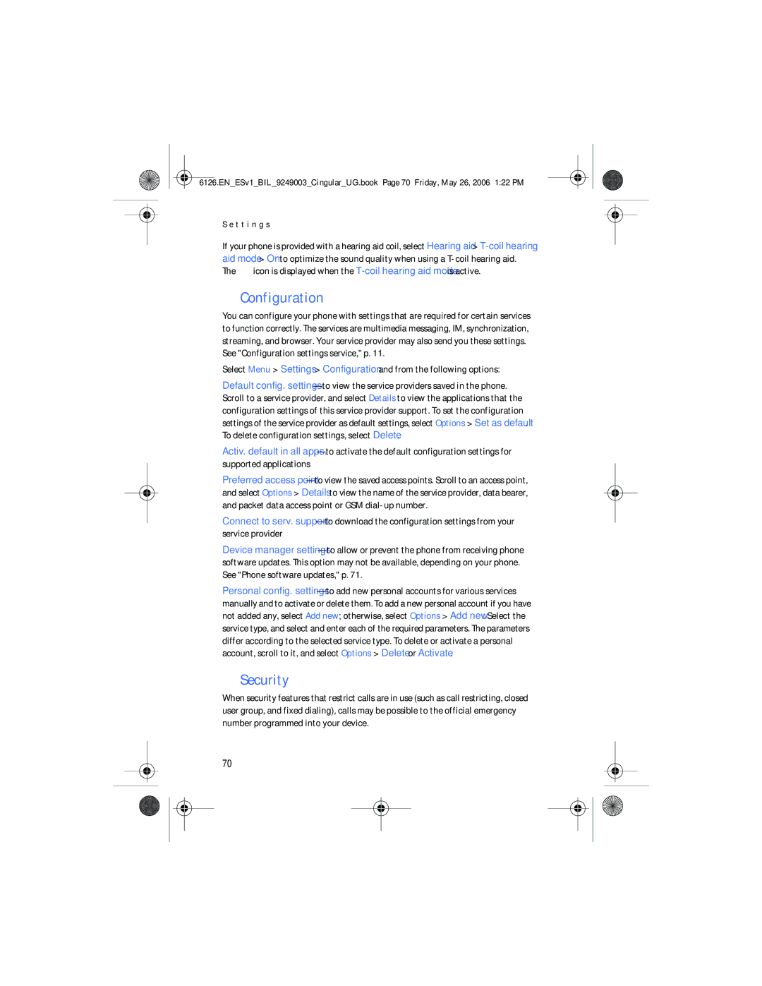 Nokia 6126 manual Configuration, Security 