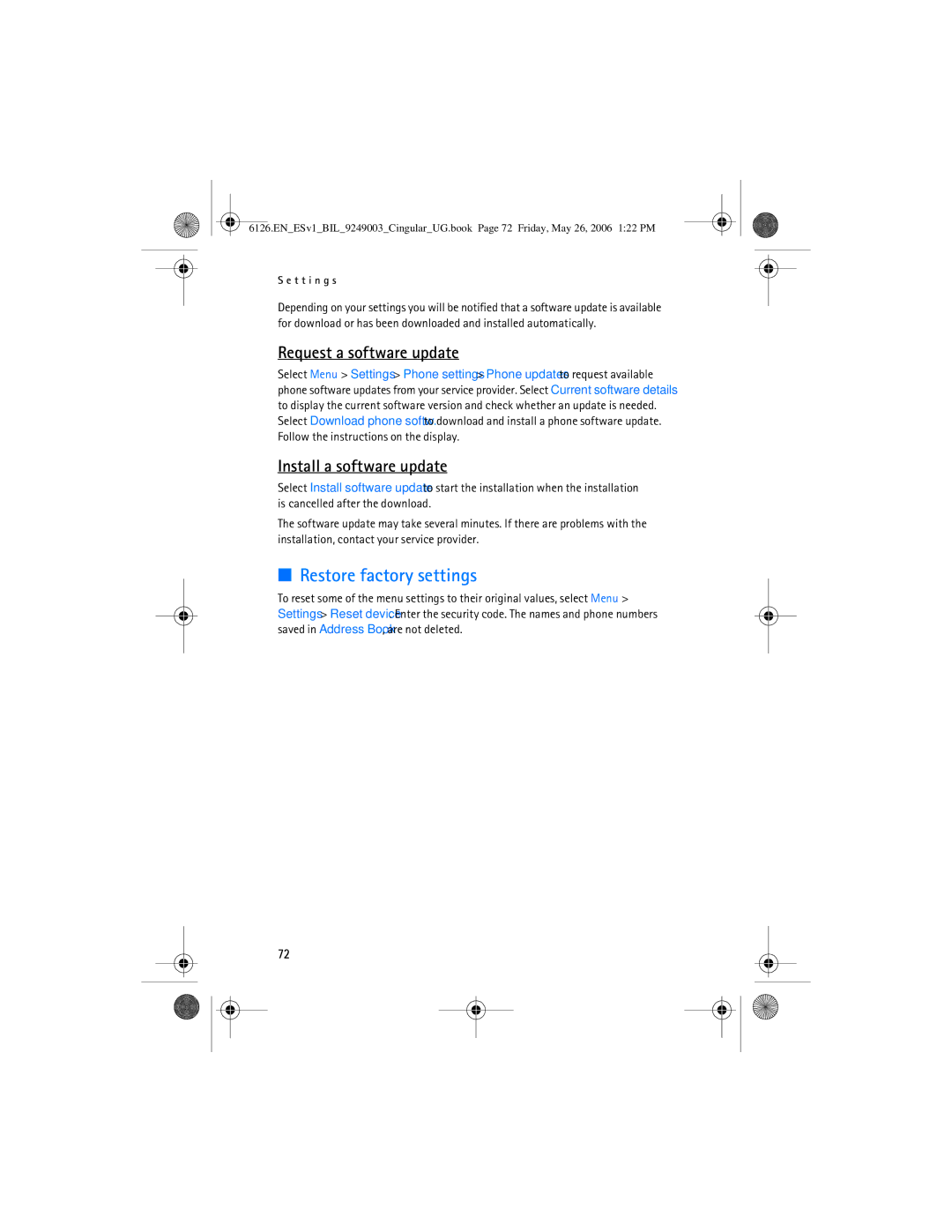 Nokia 6126 manual Restore factory settings, Request a software update, Install a software update 