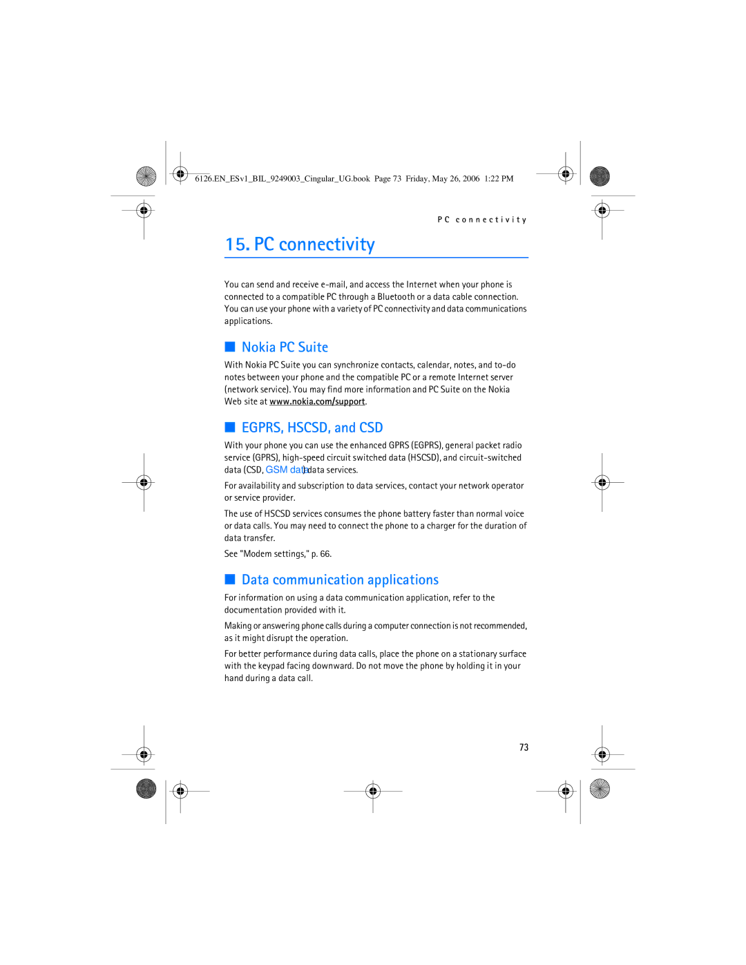 Nokia 6126 manual PC connectivity, Nokia PC Suite EGPRS, HSCSD, and CSD, Data communication applications 