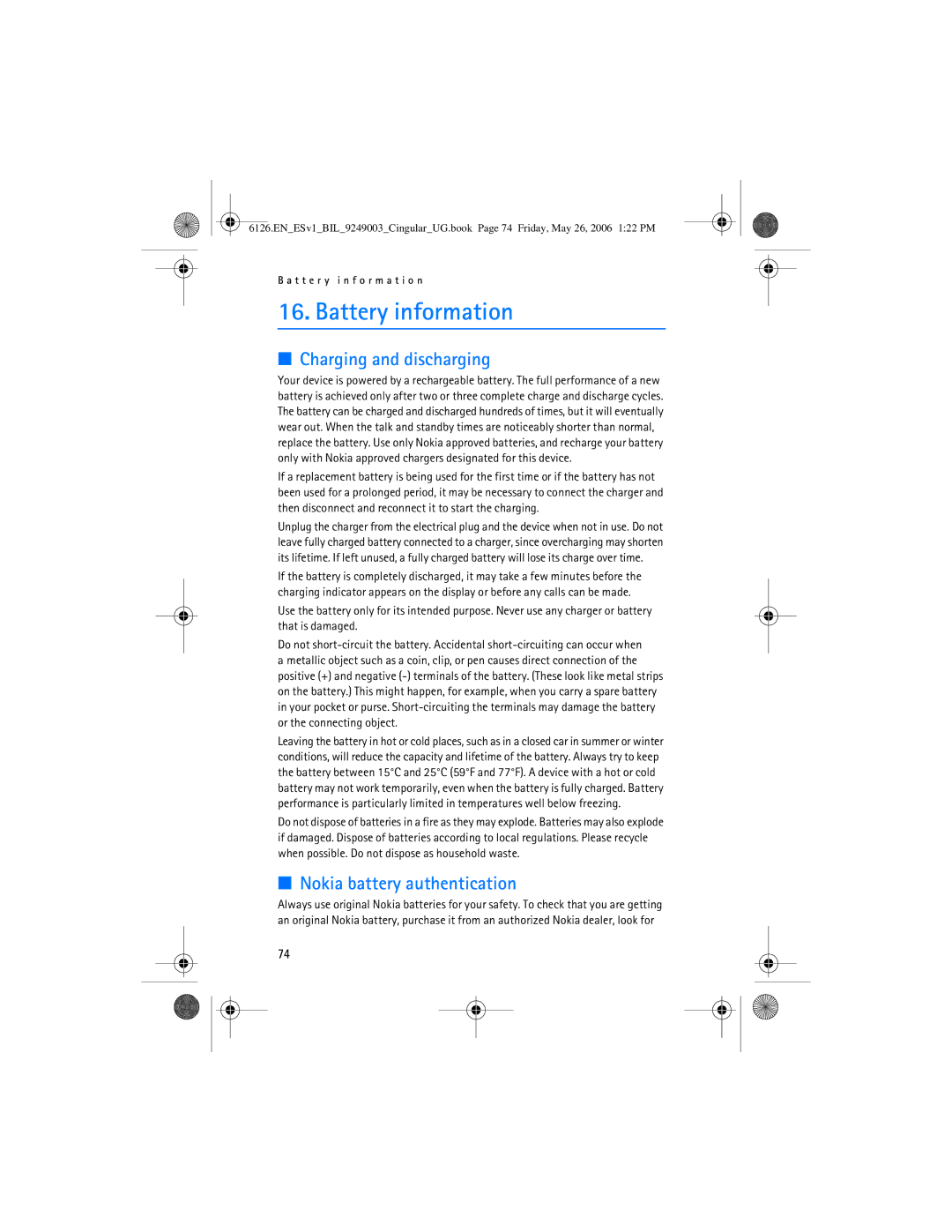 Nokia 6126 manual Battery information, Charging and discharging, Nokia battery authentication 