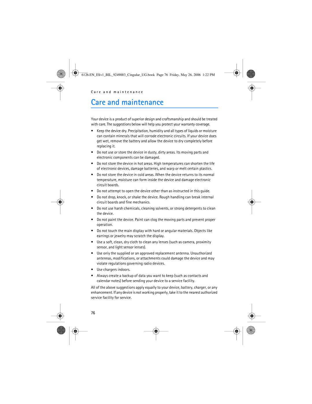 Nokia 6126 manual Care and maintenance, Use chargers indoors 