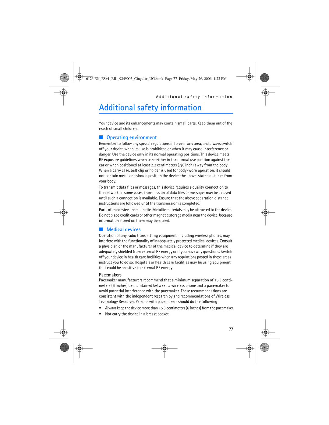 Nokia 6126 manual Additional safety information, Pacemakers 