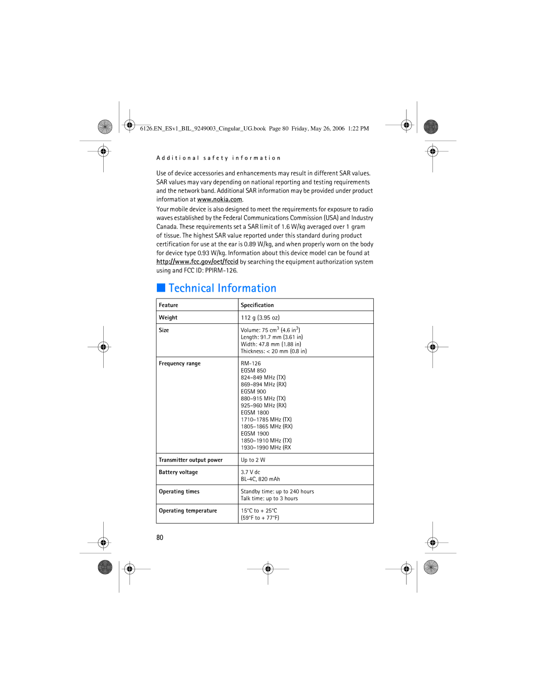 Nokia 6126 manual Technical Information 