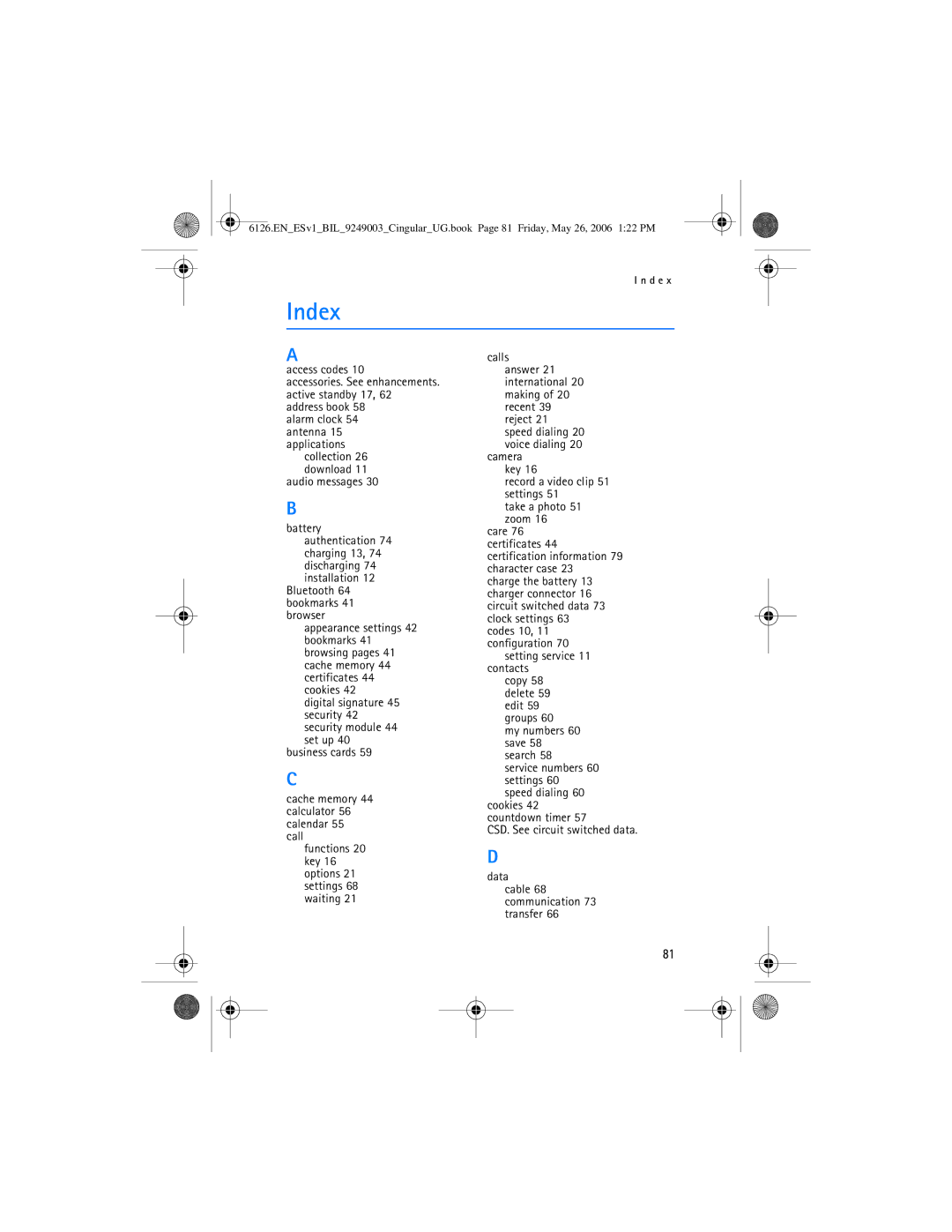 Nokia 6126 manual Index, Access codes 