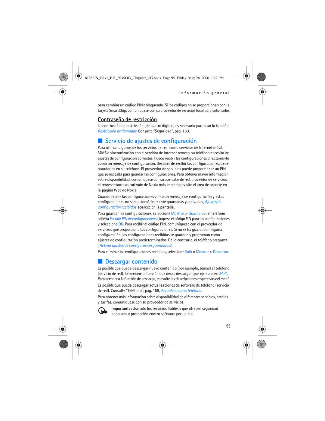 Nokia 6126 manual Servicio de ajustes de configuración, Descargar contenido, Contraseña de restricción 