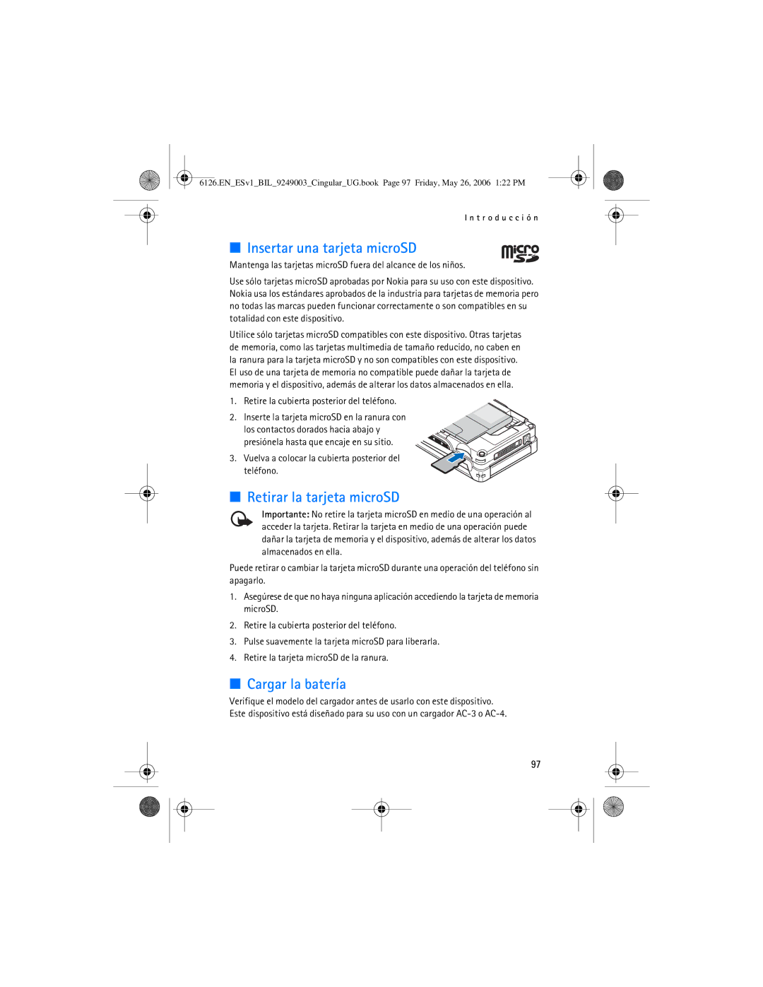 Nokia 6126 manual Insertar una tarjeta microSD, Retirar la tarjeta microSD, Cargar la batería 