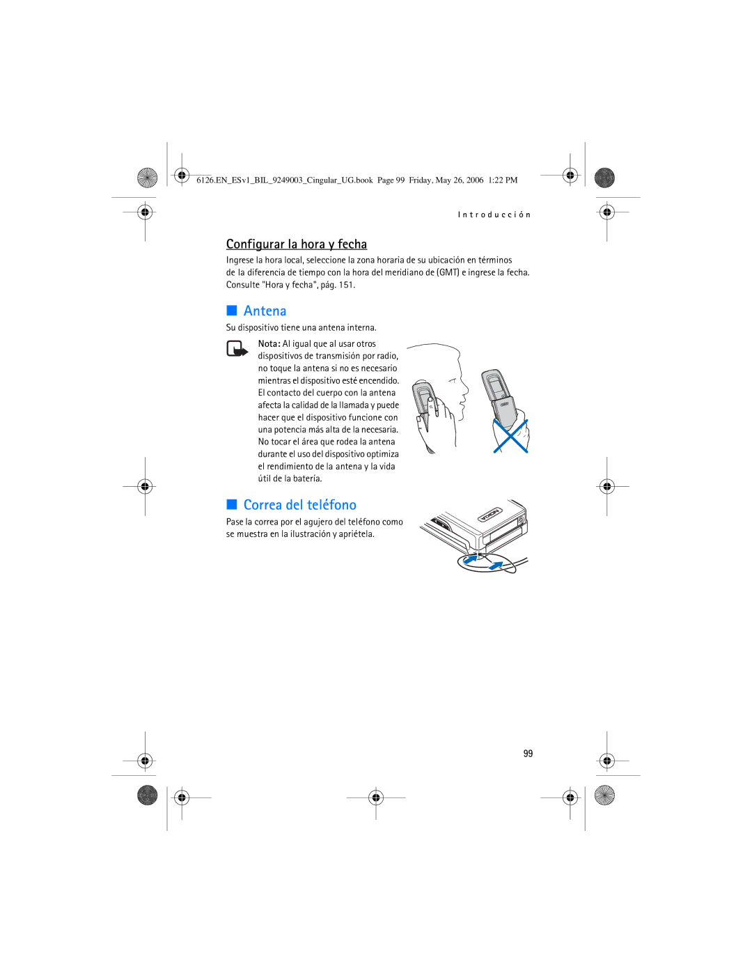 Nokia 6126 manual Antena, Correa del teléfono, Configurar la hora y fecha, Su dispositivo tiene una antena interna 