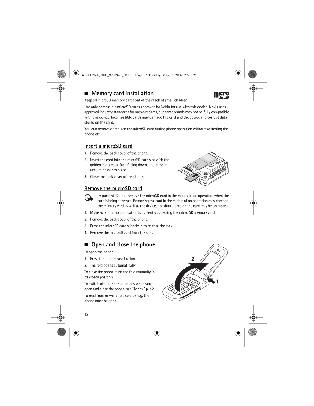 Nokia 6131 NFC manual Memory card installation, Open and close the phone, Insert a microSD card, Remove the microSD card 