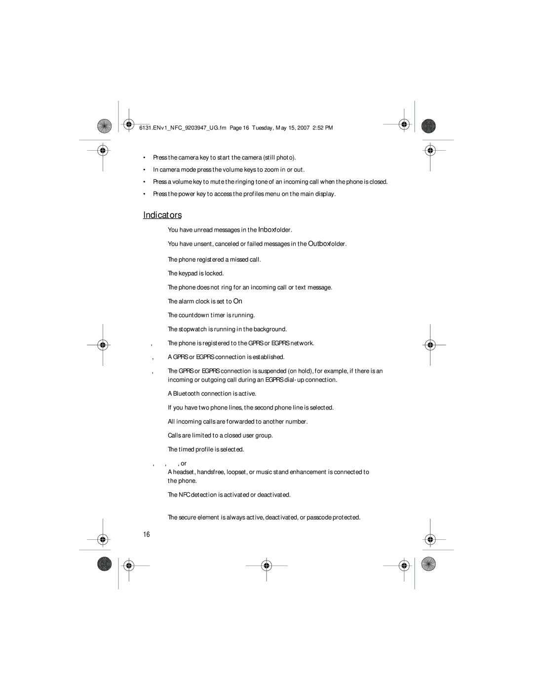 Nokia 6131 NFC manual Indicators 