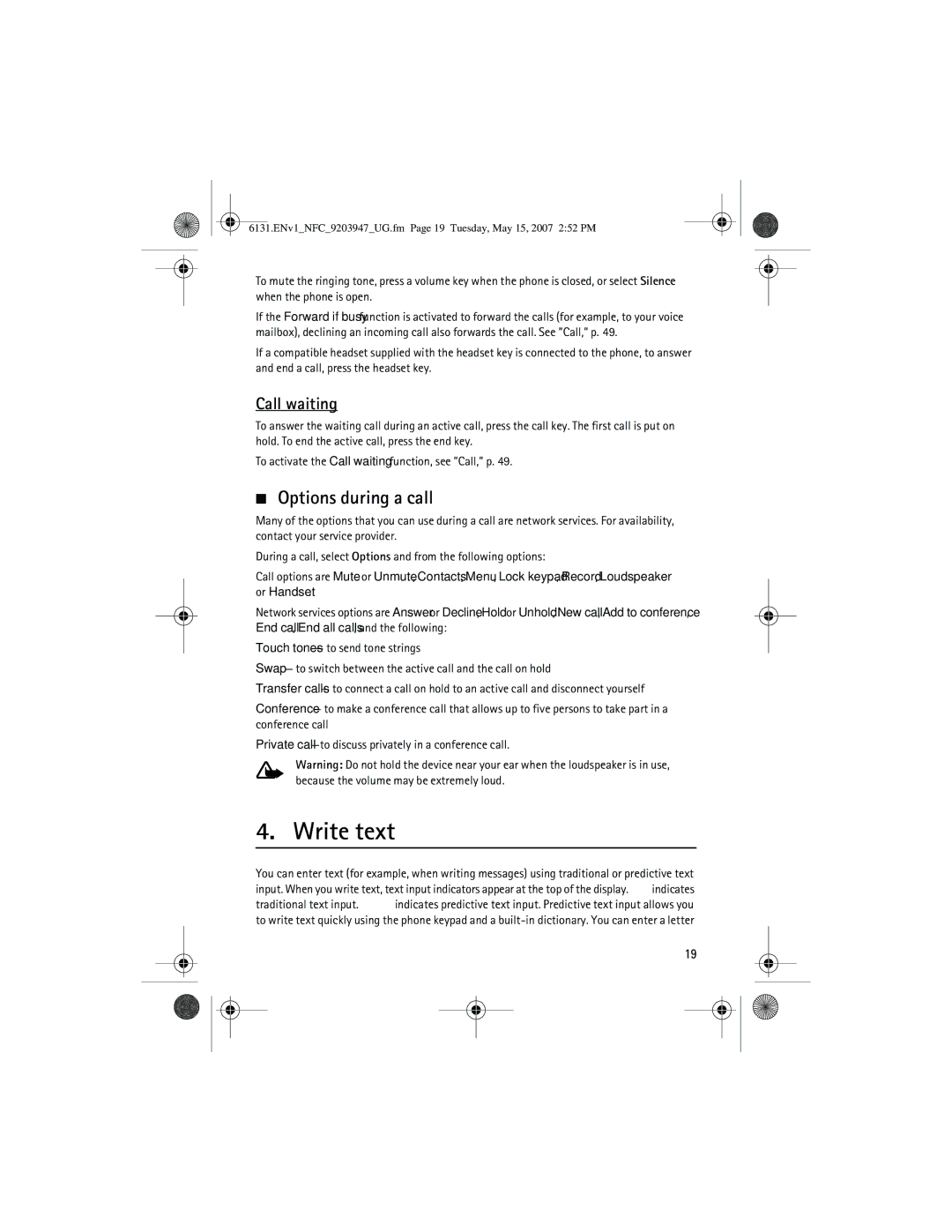 Nokia 6131 NFC manual Write text, Options during a call, Call waiting 