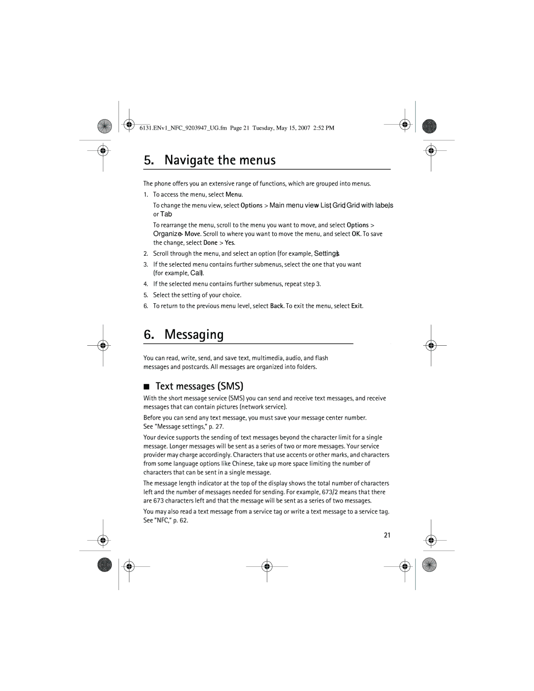 Nokia 6131 NFC manual Navigate the menus, Messaging, Text messages SMS 