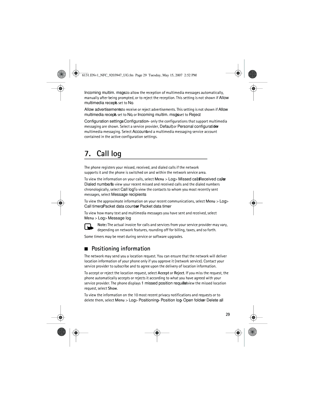 Nokia 6131 NFC manual Call log, Positioning information 