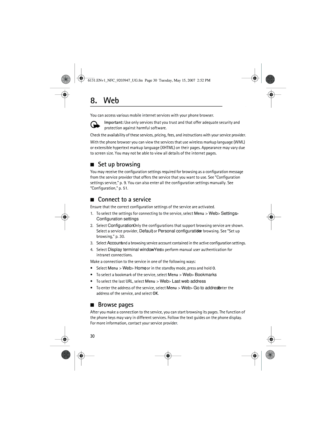 Nokia 6131 NFC manual Web, Set up browsing, Connect to a service, Browse pages 