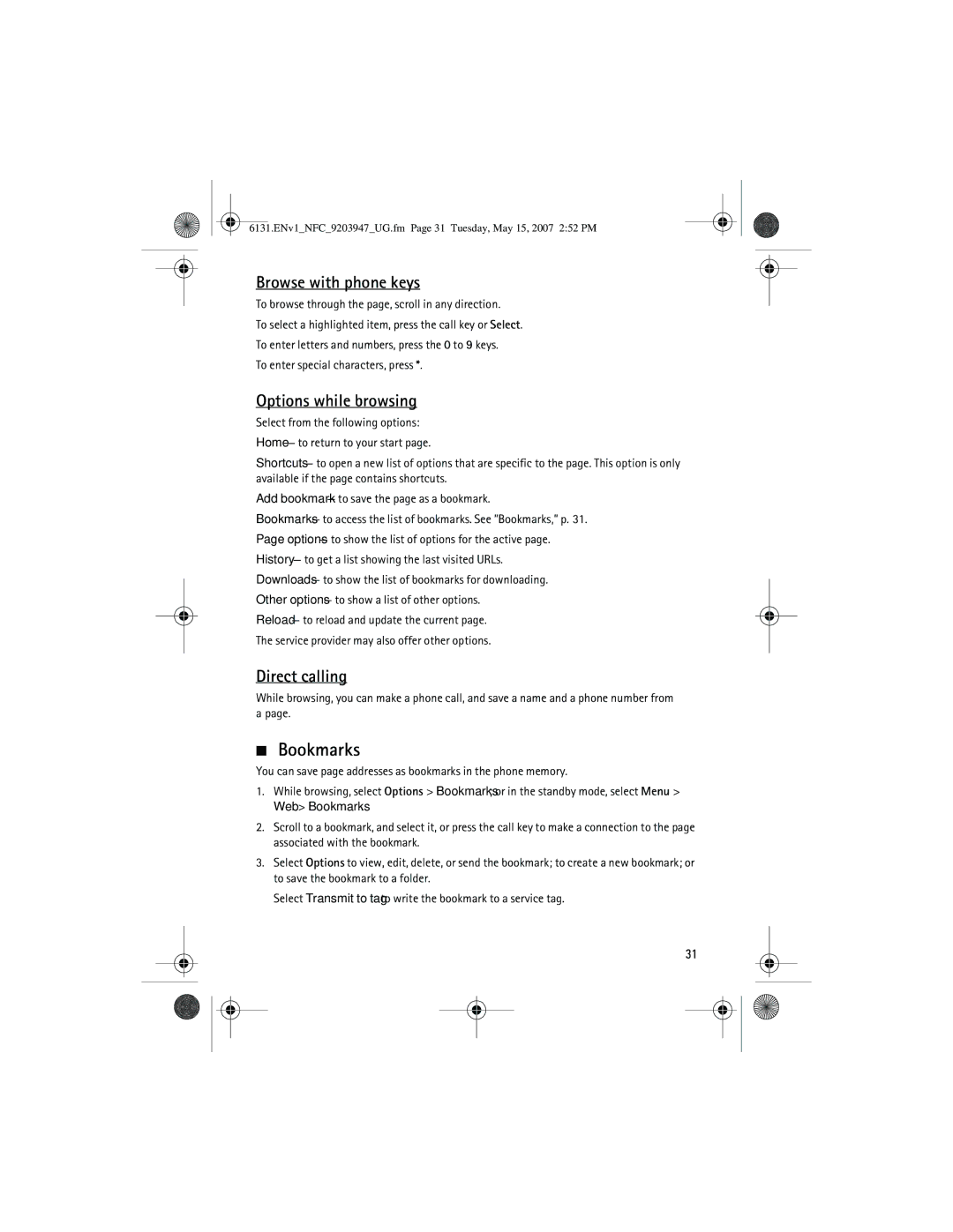Nokia 6131 NFC manual Bookmarks, Browse with phone keys, Options while browsing, Direct calling 