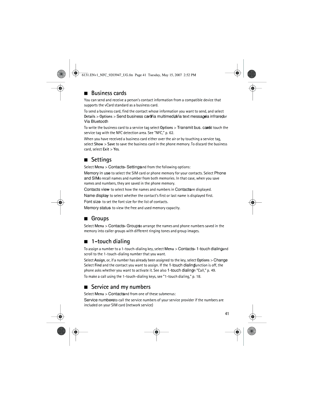 Nokia 6131 NFC manual Business cards, Settings, Groups, Touch dialing, Service and my numbers 