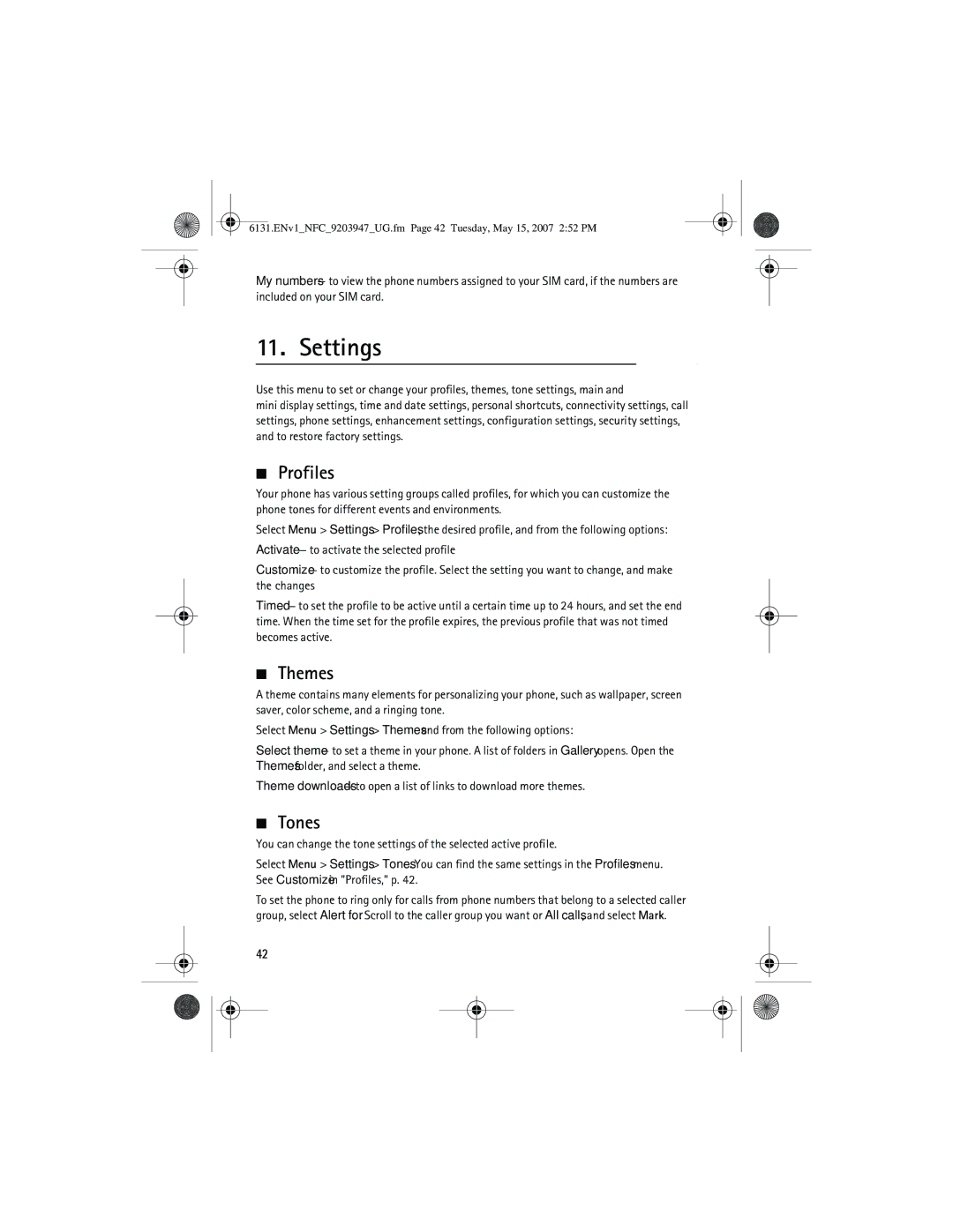 Nokia 6131 NFC manual Settings, Profiles, Themes, Tones 