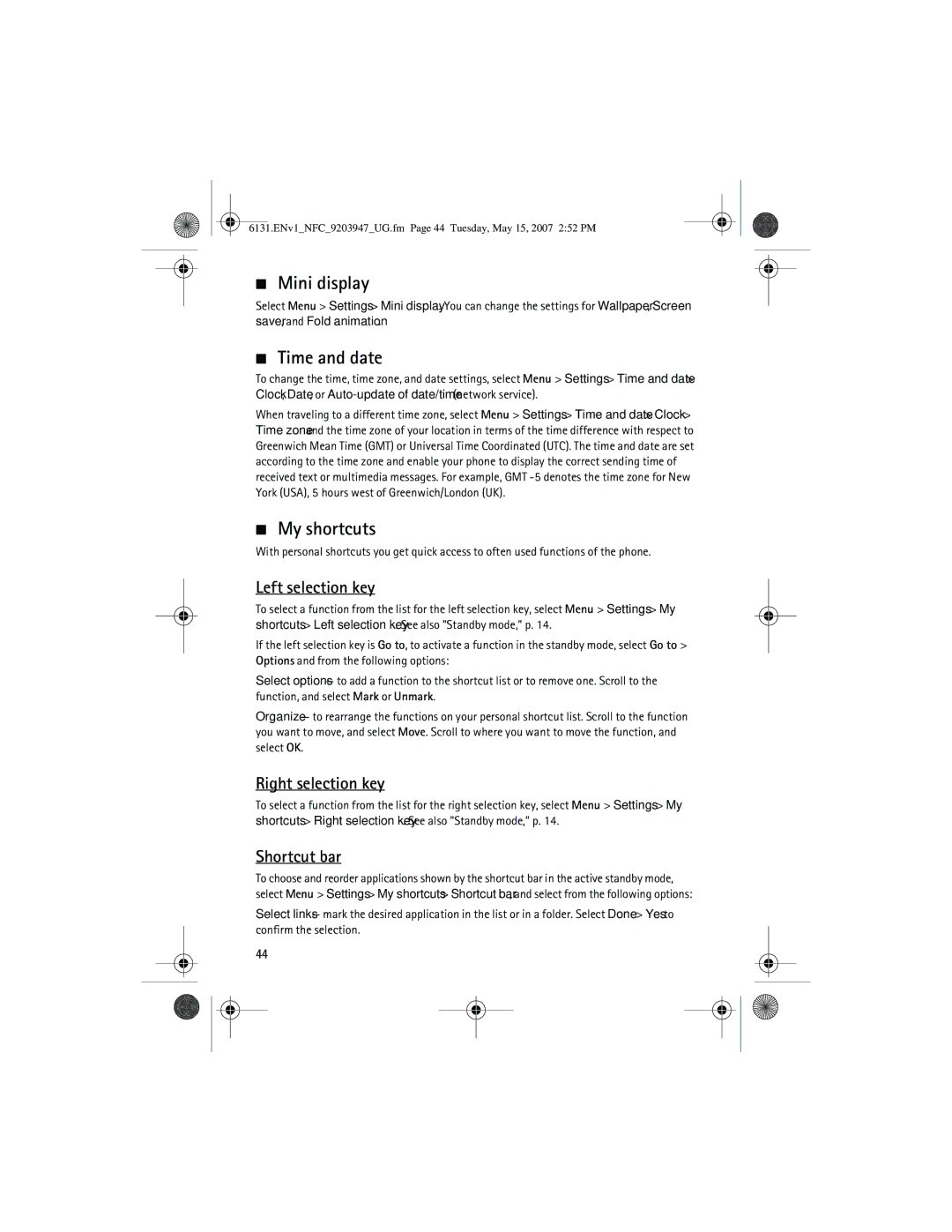 Nokia 6131 NFC manual Mini display, Time and date, My shortcuts 