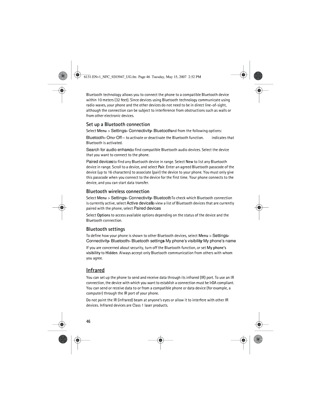 Nokia 6131 NFC manual Infrared, Set up a Bluetooth connection, Bluetooth wireless connection, Bluetooth settings 