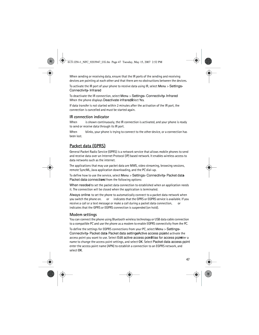 Nokia 6131 NFC manual Packet data Gprs, IR connection indicator, Modem settings 