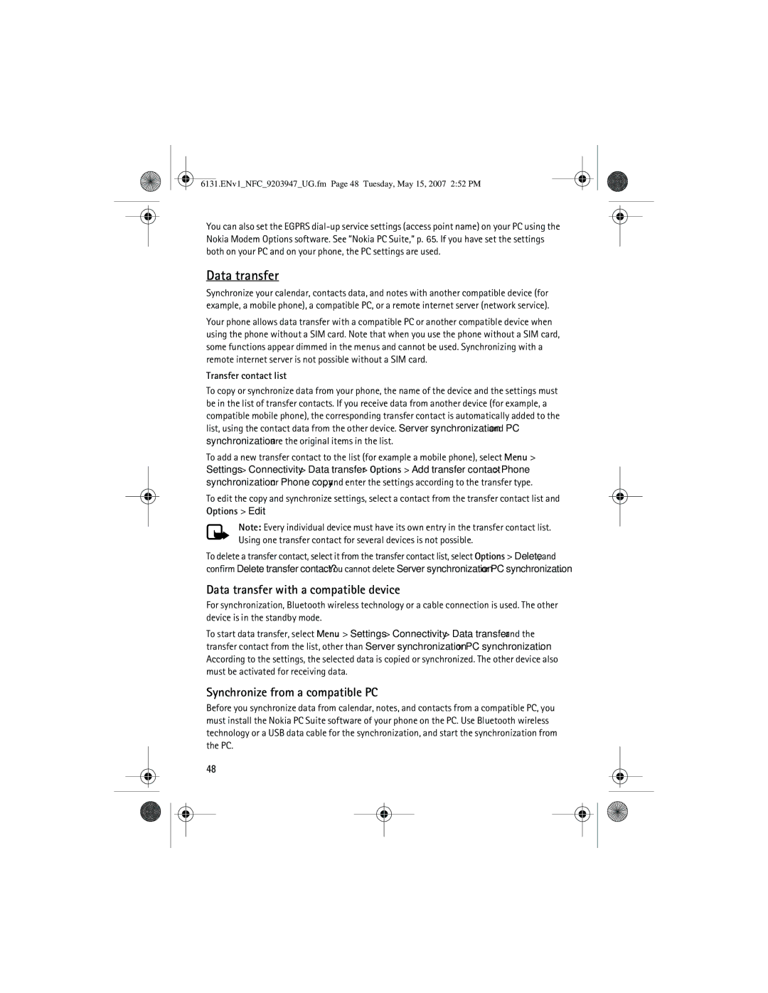 Nokia 6131 NFC manual Data transfer with a compatible device, Synchronize from a compatible PC 