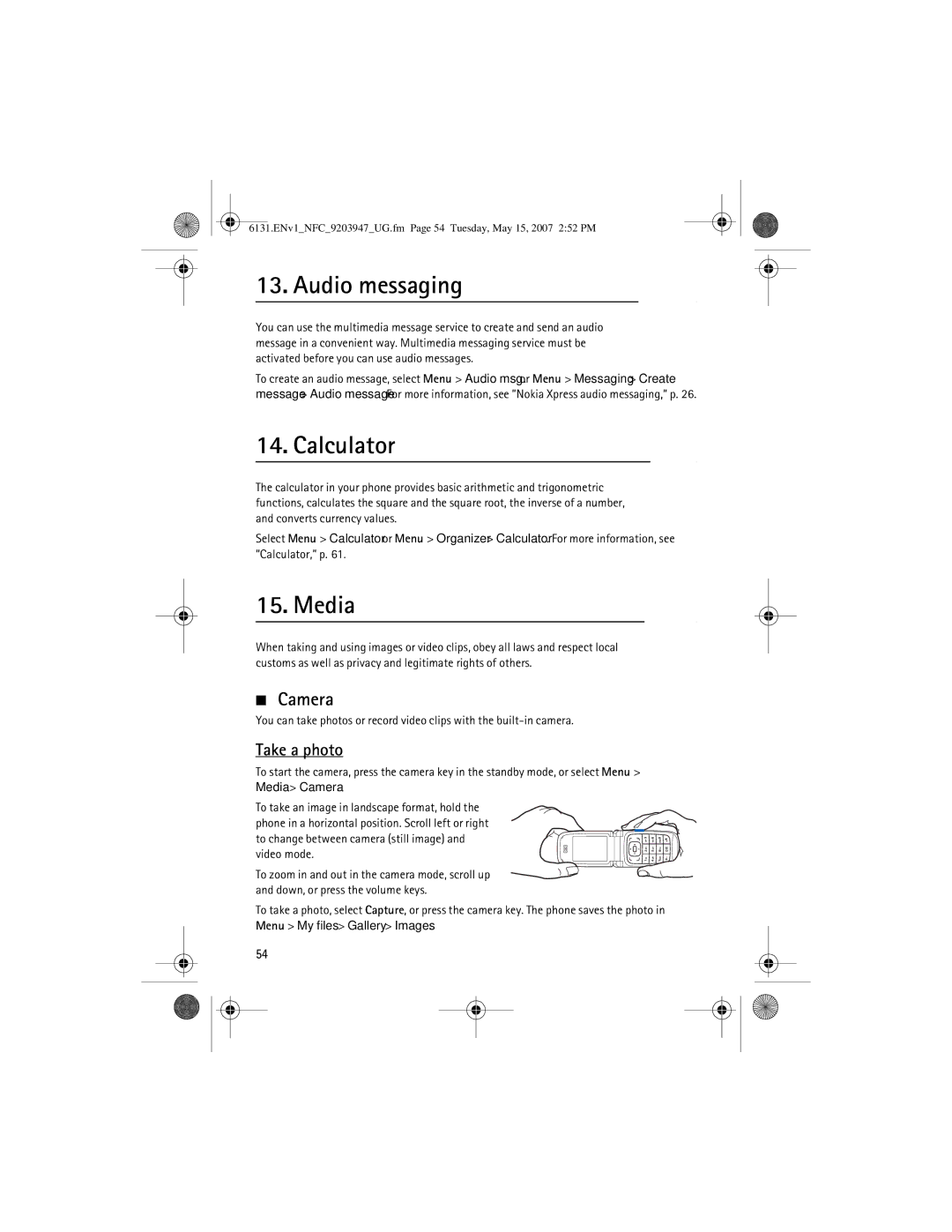 Nokia 6131 NFC manual Audio messaging, Calculator, Media, Camera, Take a photo 