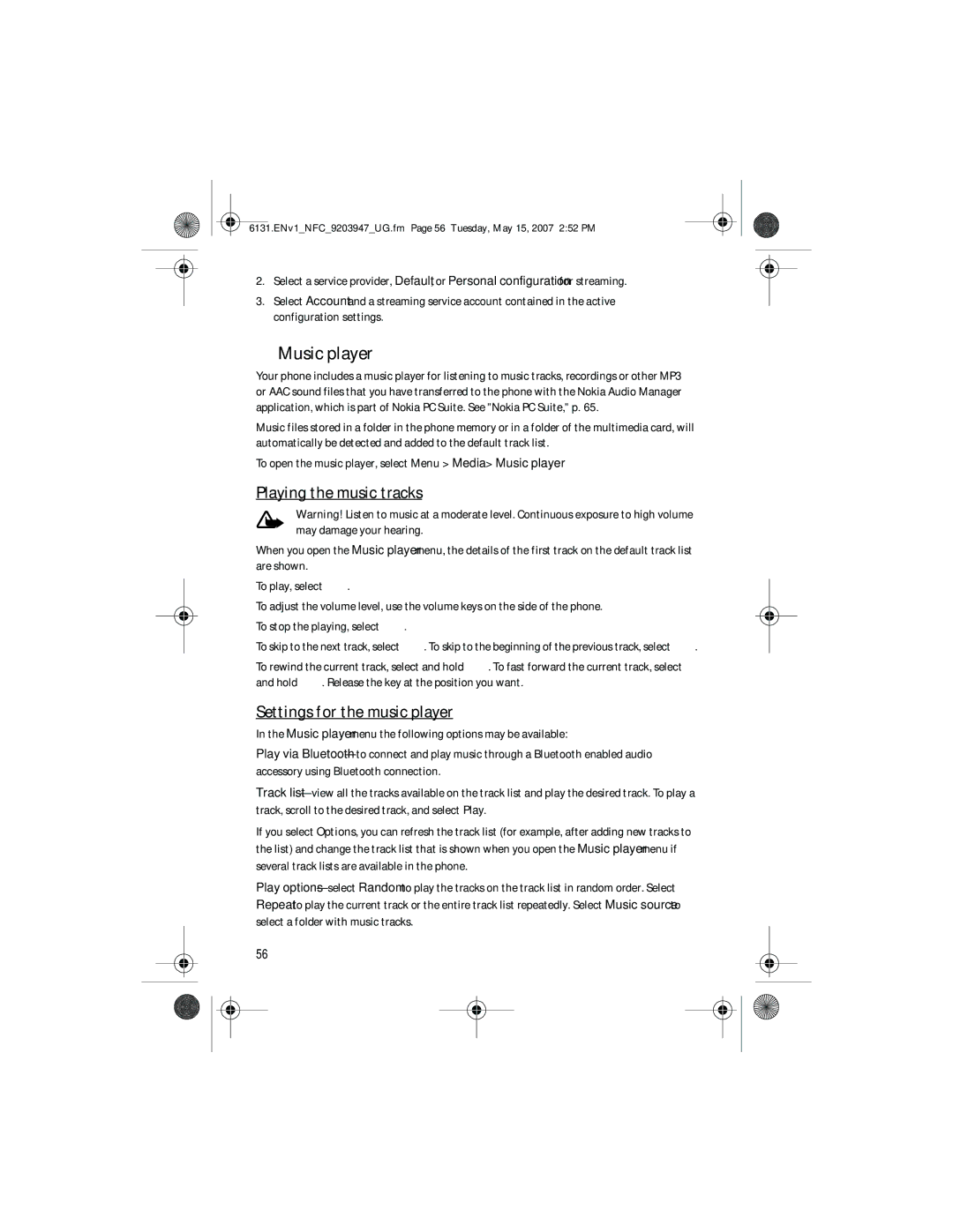 Nokia 6131 NFC manual Music player, Playing the music tracks, Settings for the music player 