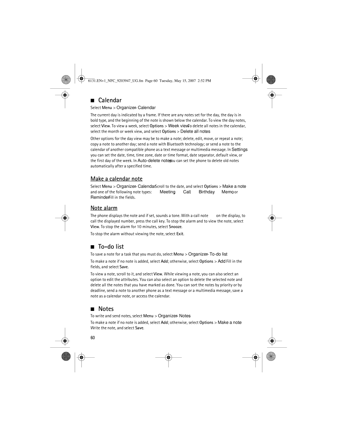 Nokia 6131 NFC manual Calendar, To-do list, Make a calendar note 