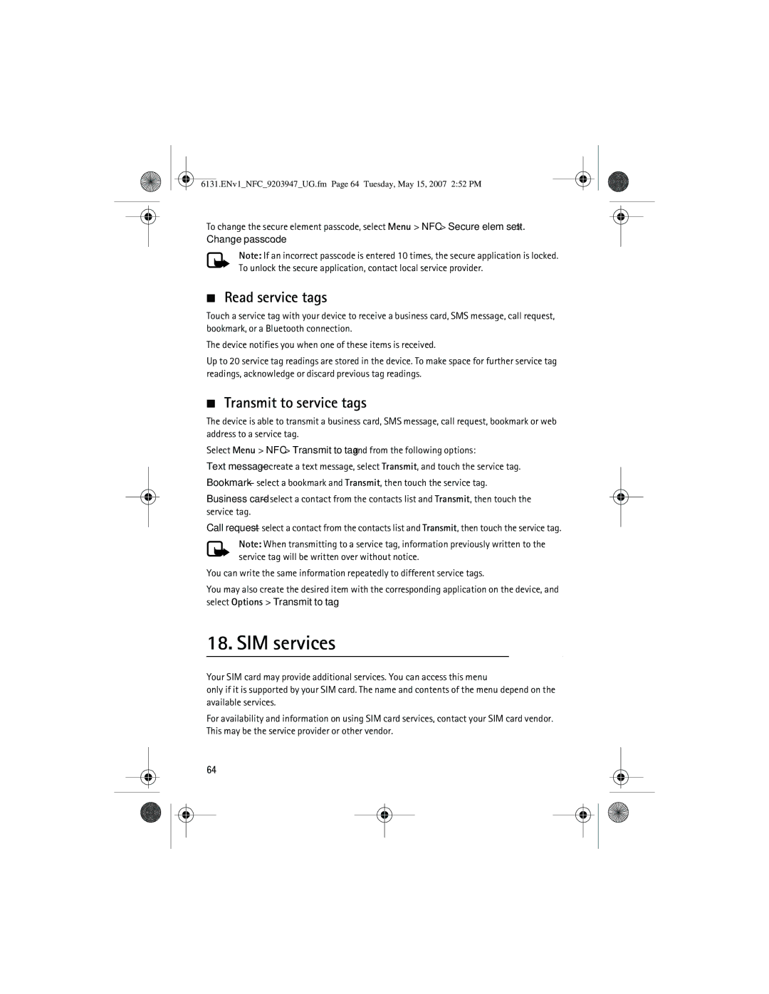 Nokia 6131 NFC manual SIM services, Read service tags, Transmit to service tags 