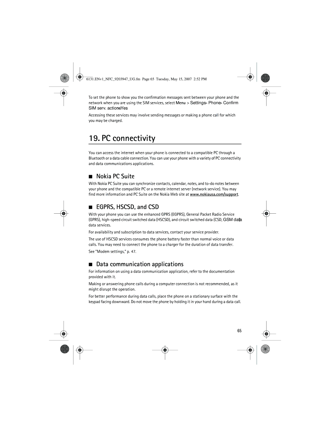 Nokia 6131 NFC manual PC connectivity, Nokia PC Suite EGPRS, HSCSD, and CSD, Data communication applications 