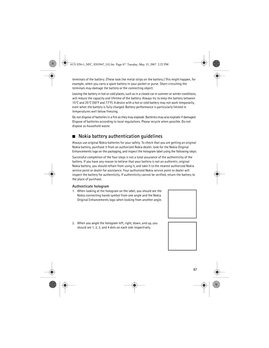 Nokia 6131 NFC manual Nokia battery authentication guidelines, Authenticate hologram 