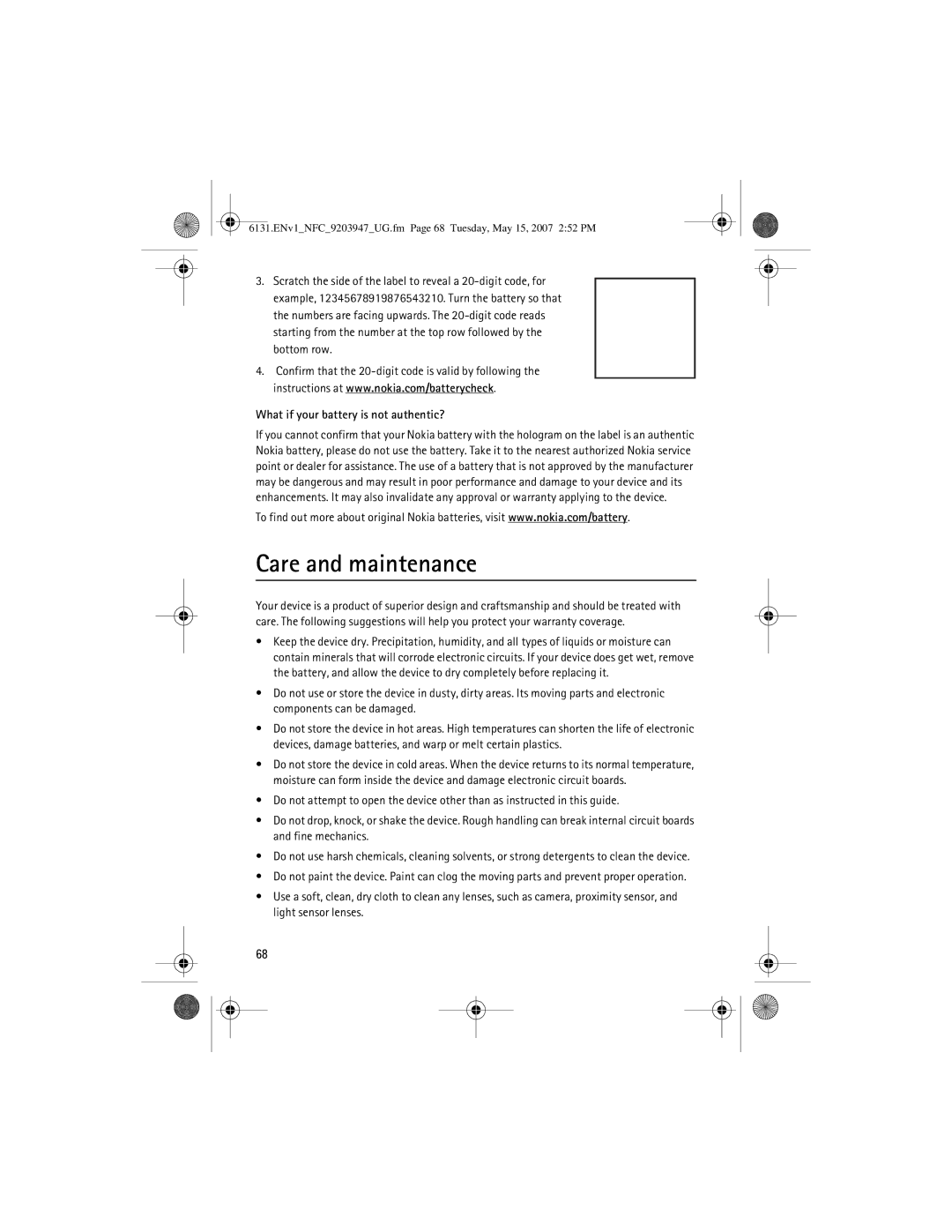 Nokia 6131 NFC manual Care and maintenance, What if your battery is not authentic? 