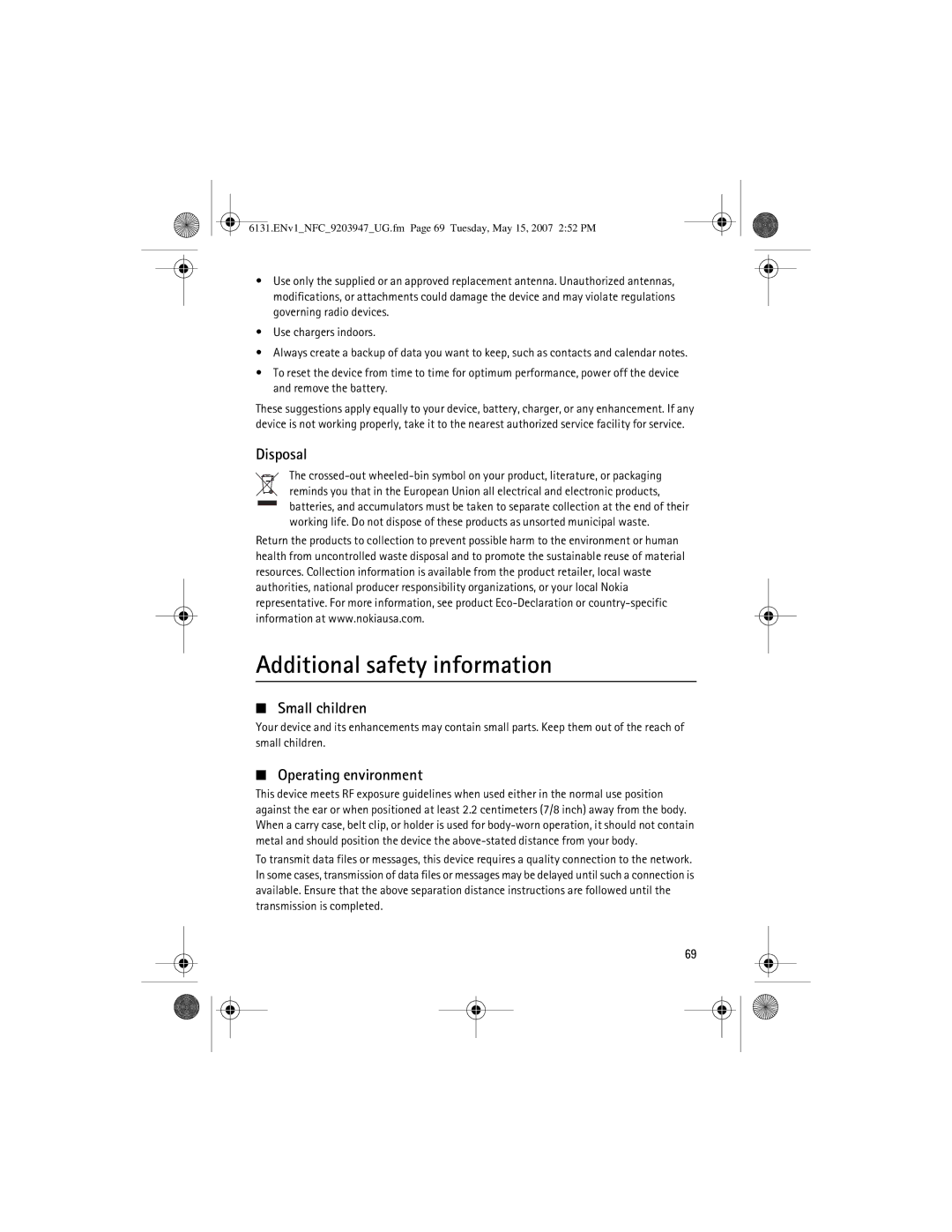 Nokia 6131 NFC manual Additional safety information, Disposal, Small children, Operating environment 