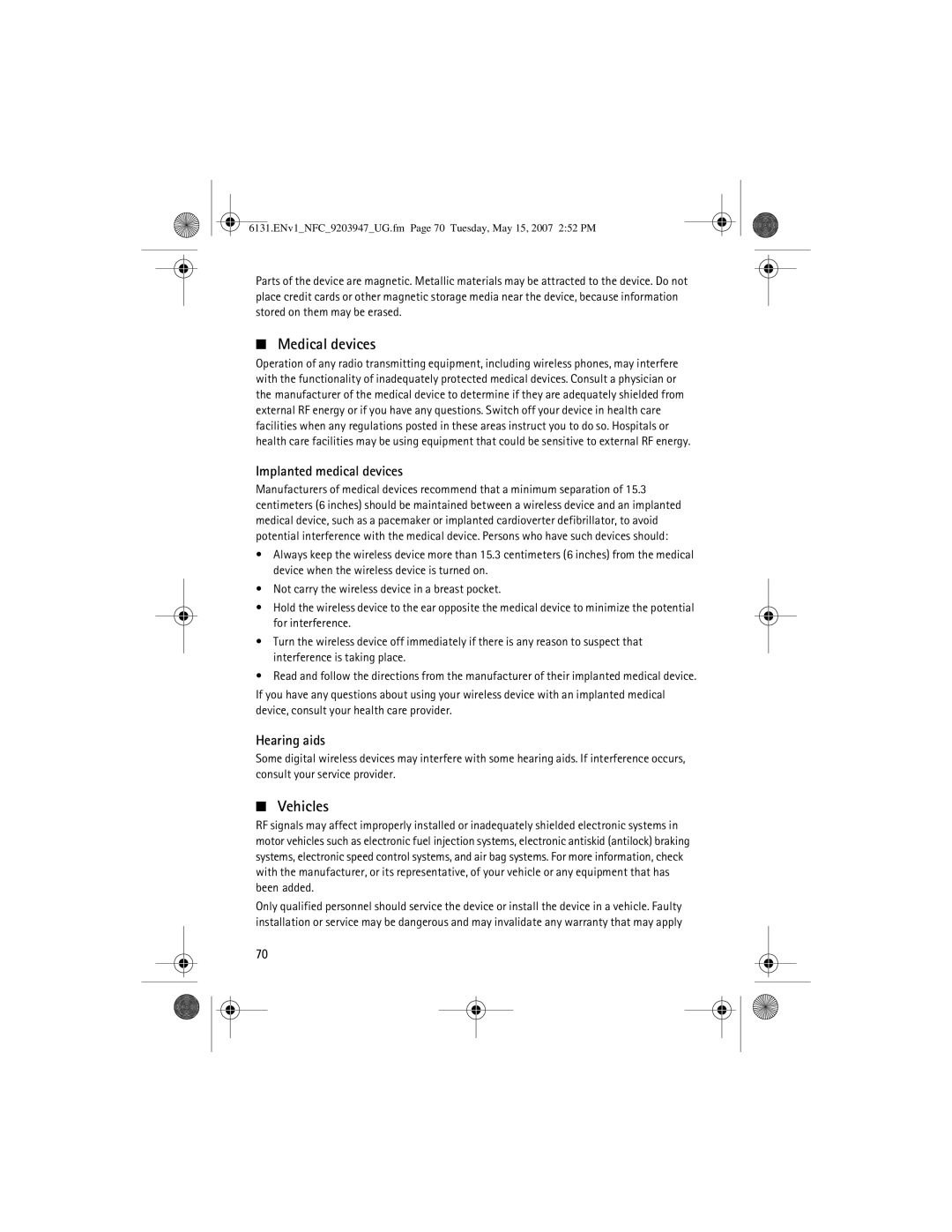 Nokia 6131 NFC manual Medical devices, Vehicles 