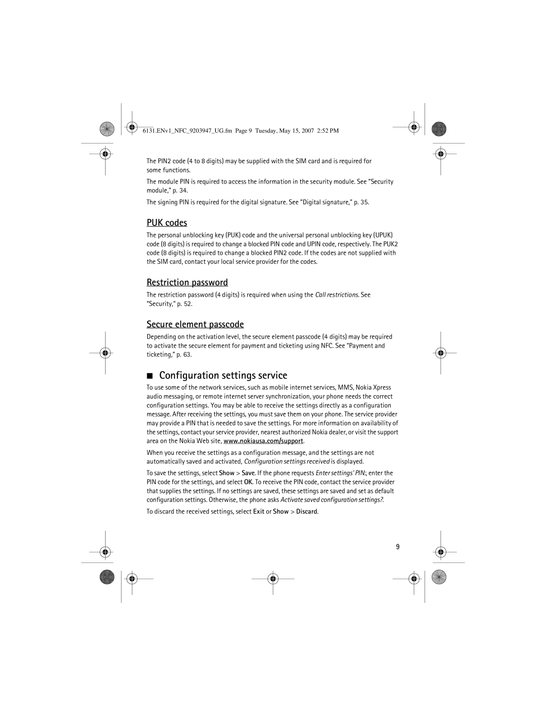 Nokia 6131 NFC manual Configuration settings service, PUK codes, Restriction password, Secure element passcode 