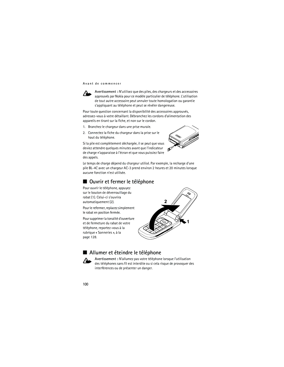 Nokia 6133 manual Ouvrir et fermer le téléphone, Allumer et éteindre le téléphone, 100 