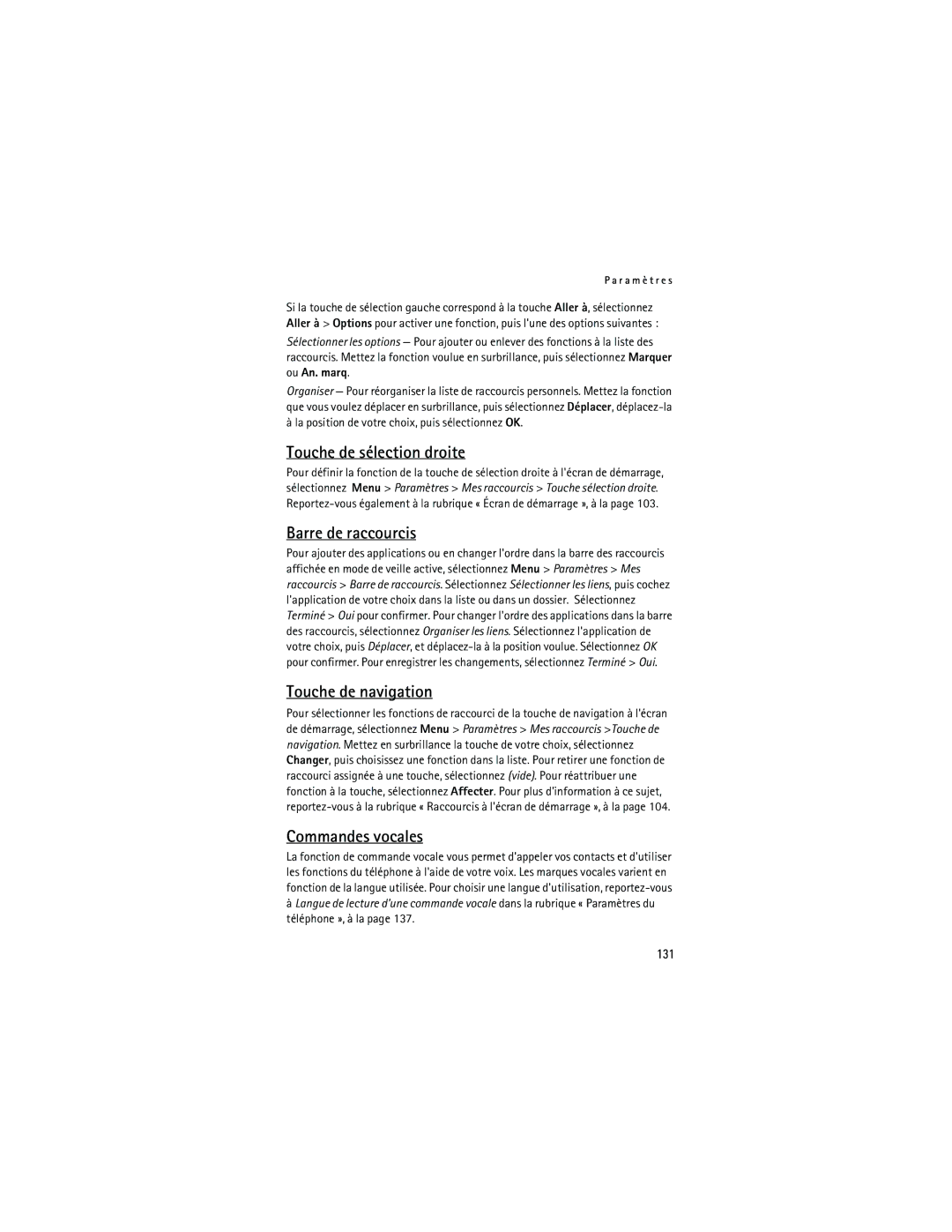Nokia 6133 manual Touche de sélection droite, Barre de raccourcis, Touche de navigation, Commandes vocales, 131 