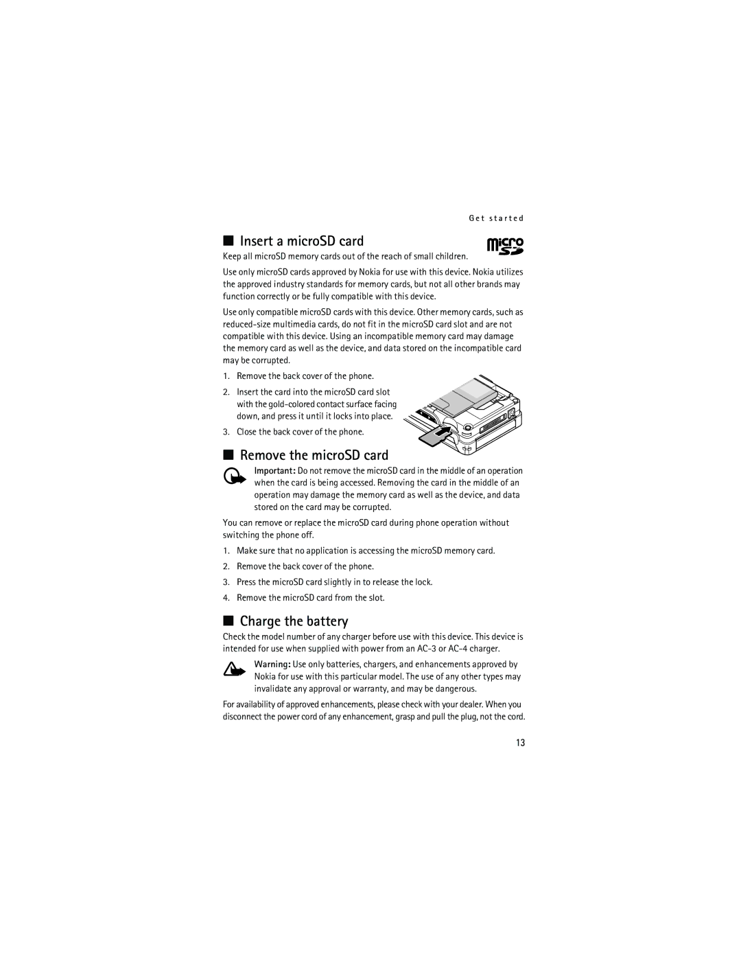 Nokia 6133 manual Insert a microSD card, Remove the microSD card, Charge the battery, Remove the back cover of the phone 