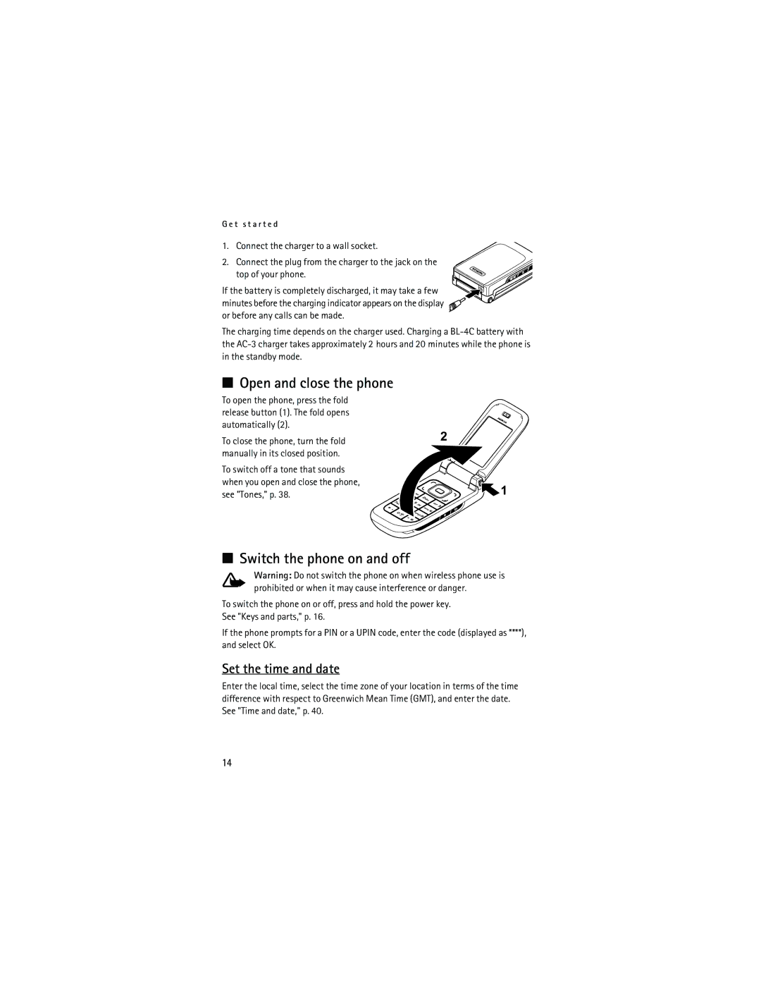 Nokia 6133 manual Open and close the phone, Switch the phone on and off, Set the time and date 