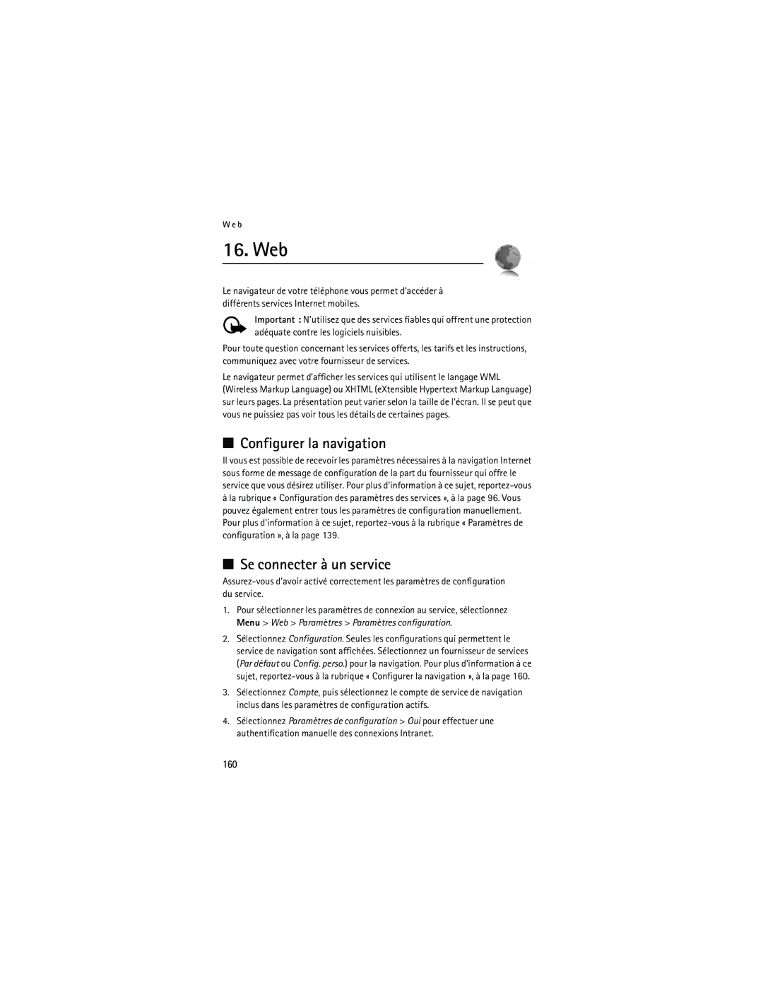 Nokia 6133 manual Configurer la navigation, Se connecter à un service, 160 