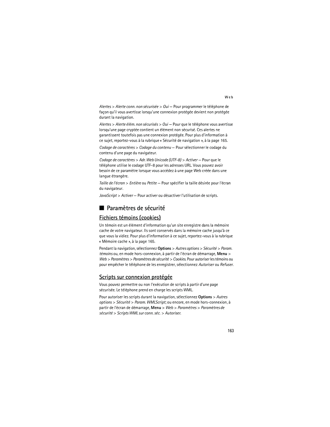 Nokia 6133 manual Paramètres de sécurité, Fichiers témoins cookies, Scripts sur connexion protégée, 163 